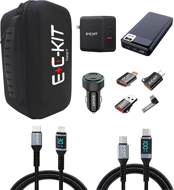 E+C-KIT Fast Charging Bundle - Pack of 10 Products: 100W GaN Quick Charger, Power Bank, Car Charger, Charging Cables, Adapter Set, and Zipper Bag -, Black