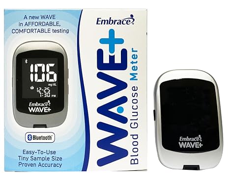 Embrace WAVE+ Bluetooth Blood Glucose Meter Only | Strips Sell Seperatly | Health2Sync App | iOS & Android Compatible