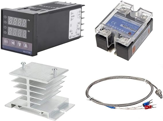 REX-C100 Temperature Thermostat Controllers Digital Intelligent PID LED, 100 - 240VAC, K Sensor, 40A Solid State Relay, Heat Sink (REX-C100 + K + 40A SSR+Heat Sink)
