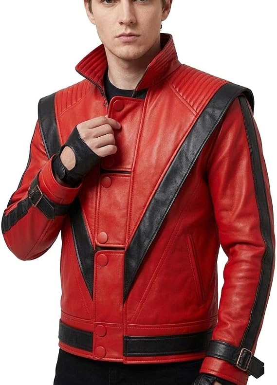 Red and Black Thrill Leather Jackets for Men - Classic Pop Icon Style Halloween Jacket Cosplay Party Outfit
