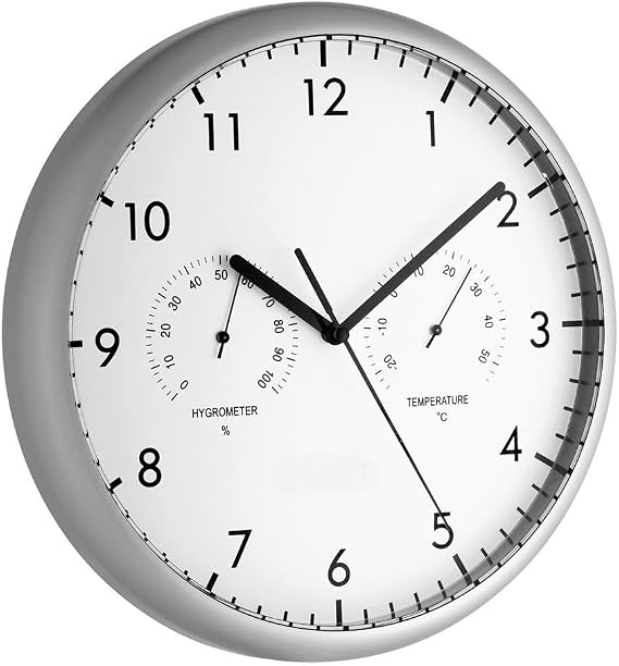 TFA Dostmann Analoge Wanduhr mit Thermometer und Hygrometer 98.1072 Quarzuhr zur Luftfeuchtigkeits- und Temperaturmessung Raumklimakontrolle Wohnzimmer Küchenuhr 265 cm Durchmesser weiß