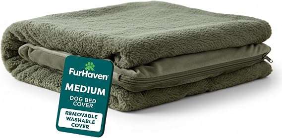 Furhaven Replacement Dog Bed Cover Faux Fur & Velvet Sofa-Style, Machine Washable - Dark Sage, Medium