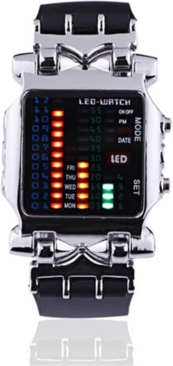 Binary LED Display Wristwatch, Square Electronic Calendar Adjustable Waterproof Watch for Male Female Sports, PU Strap.
