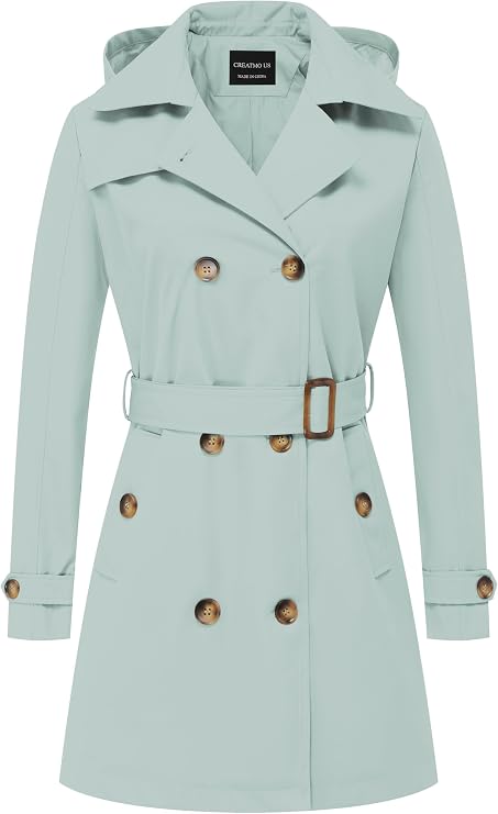 CREATMO US Women's Trench Coat Double-Breasted Classic Lapel Overcoat Belted Slim Outerwear Coat with Detachable Hood