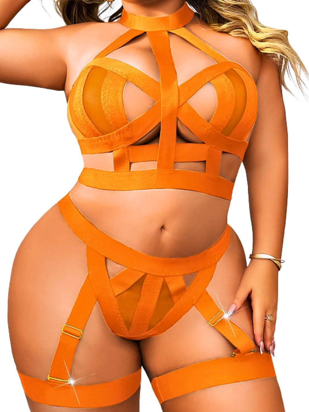 Curvy Ladys Strappy Lingerie For Women, Plus Size Exotic Garter Thong,  Halter Gifts For Him 3 Piece Set