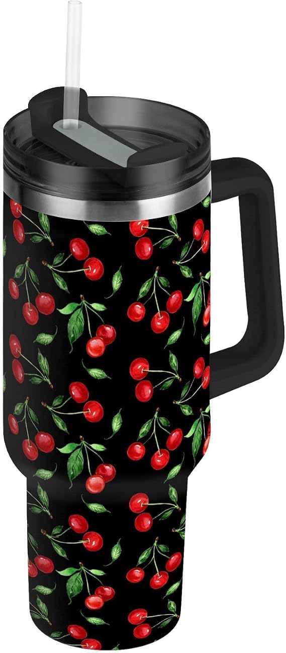 40 oz Tumbler Cherry Fruit with Handle and Straw Lid Vacuum Stainless Steel Insulated Water Bottle Travel Mug Car Cup Holder Friendly for Gym Travel Office