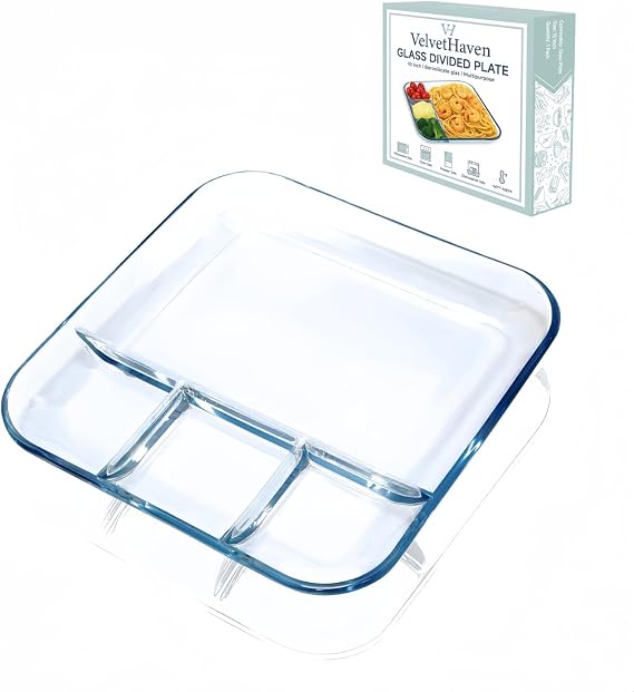 10 Inch Glass Divided Plates for Adults, 4 Compartment Sectioned Dinner Plate, Glass Portion Control Plate 1 Pack, Microwave & Dishwasher Safe, Healthy Meal Serving Tray, Gift Box Included