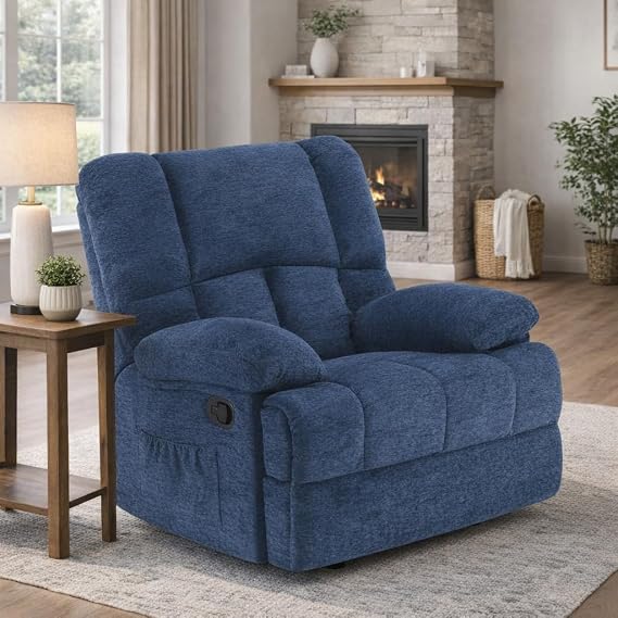 Oversized Rocker Recliner Chair, Wide Rocker Chair with Adjustable Backrest Footrest, Oversized Recliner for Adults, Reclining Sofa for Living Room, Blue