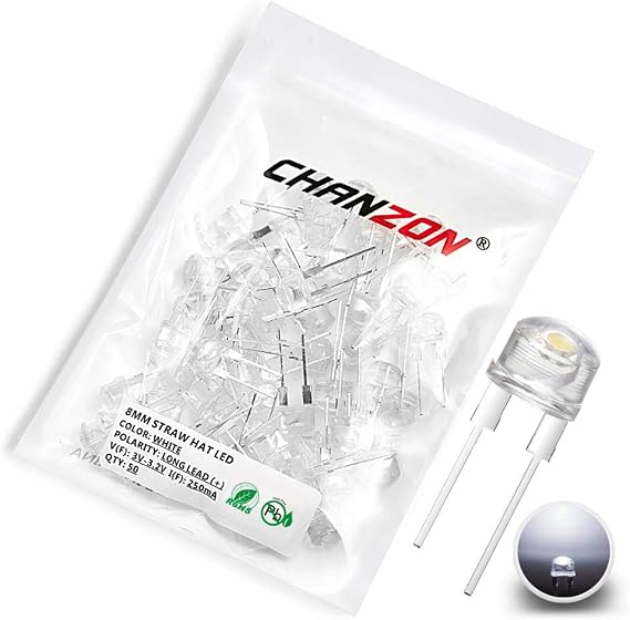 CHANZON 50 pcs 8mm White LED Diode Lights (DC 3V 250mA)