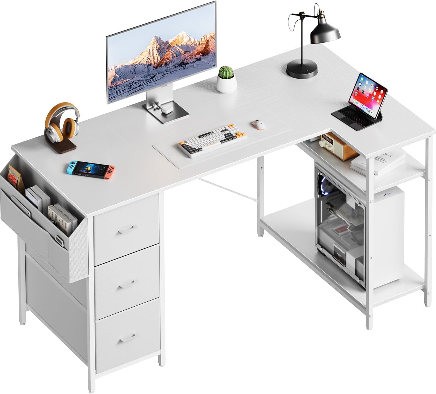 Computer Desk with Drawers, 120 x 80 cm L Shaped Office Desk with Storage Bag, Study Corner Table with Large Storage Shelves, PC Desks for Home Office Play Workstation, White