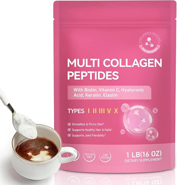Multi Collagen Peptides Powder 452g -Types I, II, III, V & X Collagen Supplements for Women and Men Unflavored Hydrolyzed Collagen Powder High Strength Grass-Fed Collagen Non-GMO Gluten-Free
