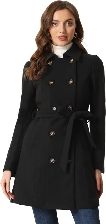 Allegra K Winter Trench Coat for Women Overcoat Belted Mid Long Pea Coat