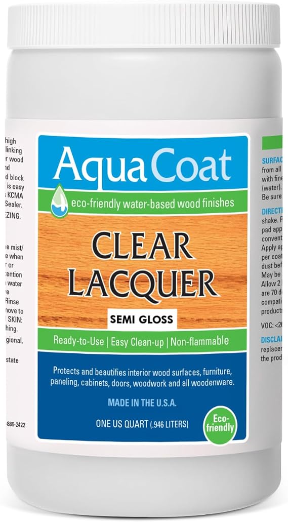 Clear Lacquer, Water-Based Wood Finish, Semi-Gloss, Quart, Self-Cross-Linking,