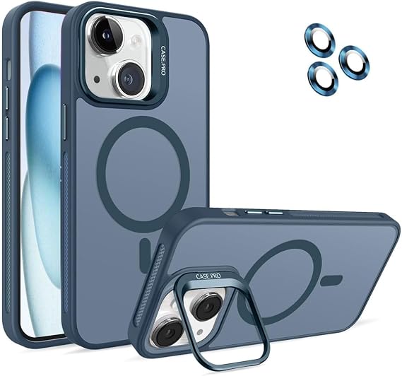 MADNOVA iPhone 14 Plus için Kılıf Kamera Korumalı Magsafe Wireless Şarj Özellikli Lens Hediyeli Mat Şeffaf Renkli Standlı Kılıf (LACİVERT)