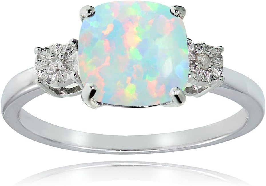 Ice Gems Sterling Silver Created White Opal and Cushion-cut Ring