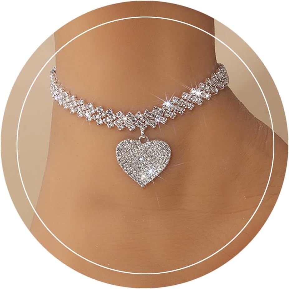 RINHOO Heart Rhinestone Ankle Bracelets for Women Adjustable Silver Shiny Tennis Anklets Twinkle Cubic Zircon Diamond Anklet Foot Chain Jewelry