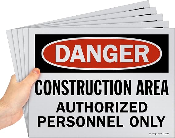 SmartSign (Pack of 5) 9 x 12 inch Danger - Construction Area, Authorized Personnel Only OSHA Sign, Screen Printed, 10 mil Polystyrene Plastic, Red/Black on White, Made in USA
