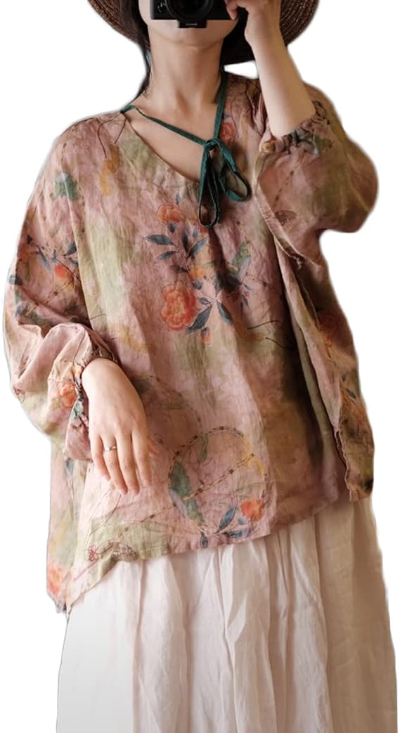 NFYM Women's Loose Casual Floral Printed Tops Tied V Neck 3/4 Long Sleeve Vintage Boho Cotton T Shirt Blouses