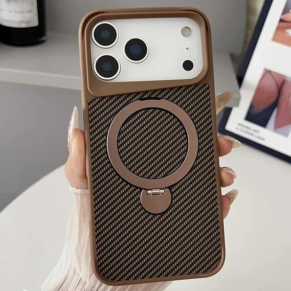 Coverzone iPhone 17 Pro Max ile uyumlu Kılıf Karbon Fiber Görünümlü Magsafe ile uyumlu Stand olabilen Carbon Case Tam Gövde Koruyucu Telefon Kılıfı Desert Titanium