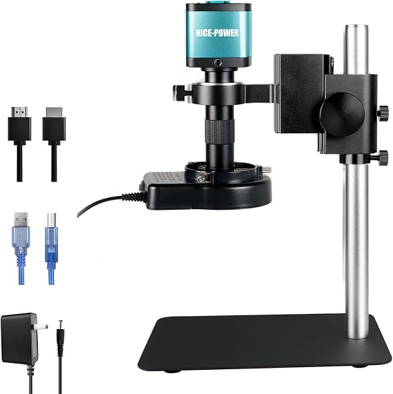 NICE-POWER Digital Microscope with Metal Base, 48MP 1080P HDMI/USB Industrial Magnifier, 150X Ultra-Precise Focusing Lens, LED Ring Light, Microscopes for Observation/Soldering/Electronic Repairs