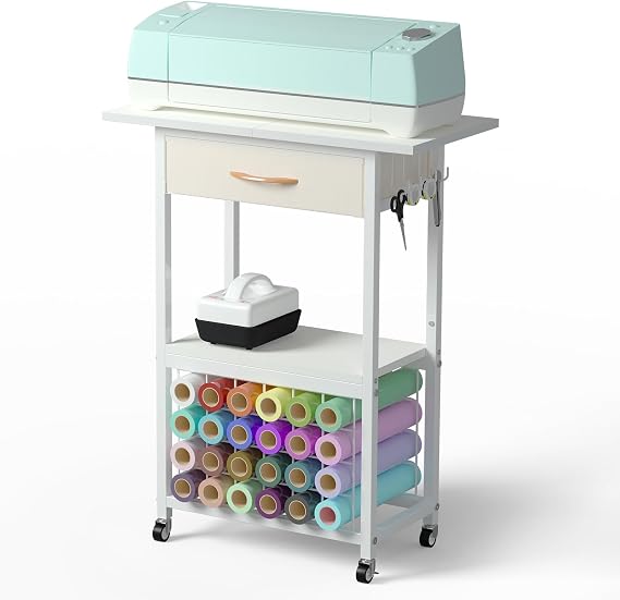 Organizers and Storage Compatible with Cricut Machines, Rolling Craft Storage Cart with Drawer, Craft Table with Vinyl Roll Holders, Crafting Table Organization Workstation with Wheels, White