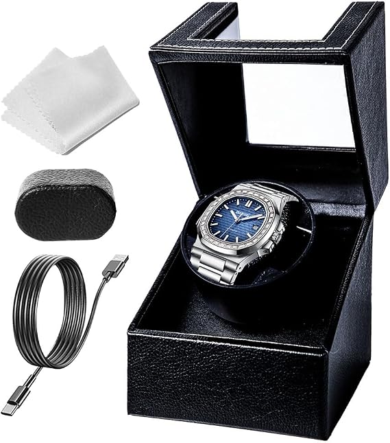 Single Automatic Watch Winder, Watch Winders for 1 Watches with Quiet Motor,Soft Flexible Watch Pillow,1 Rotation Modes USB Cable(Black-PU Leather）