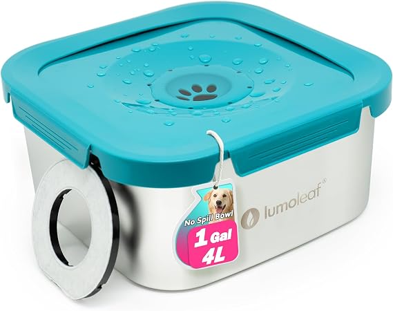 LumoLeaf No Spill Water Bowl for Large Dogs with Filter, 135oz/4L, Blue, Slow Feeder for Messy Drinkers, Drip-Free & Splash-Proof, for Multi-Dog Households