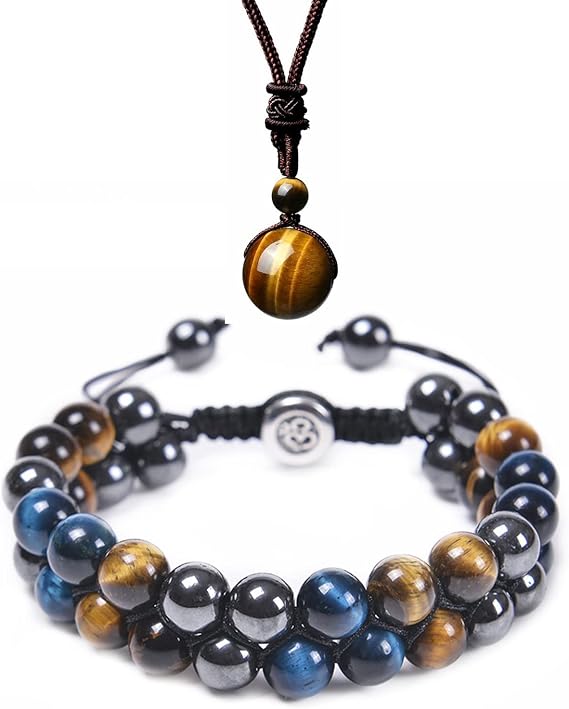 8MM Double Row Bracelet Tiger Eye Hematite and Black Obsidian and for Good Luck Prosperity Happiness and 16MM Natural Tiger Eye Pendant Necklace for Blessing Protection Chakra