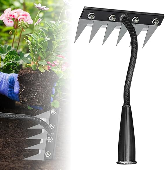 Iron Weeding Rake 2.0, 2025 New 5/6/7/8 Teeth Carbon Steel Garden Weeder Rakes, Iron Rake for Yard Lawn and Garden, Heavy-Duty Garden Hand Weeder
