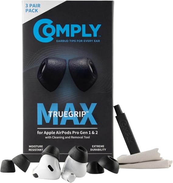 Comply TrueGrip MAX Premium Memory Foam Replacement Ear Tips, Black (S/M/L)