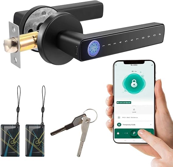 Smart Door Lock,Fingerprint Keyless Entry Keypad Door Lock with Handle,Automatic Smart Door Handle with APP Control/Fingerprint/IC Cards/Password/Backup Keys, Electronic Digital Locks Suit