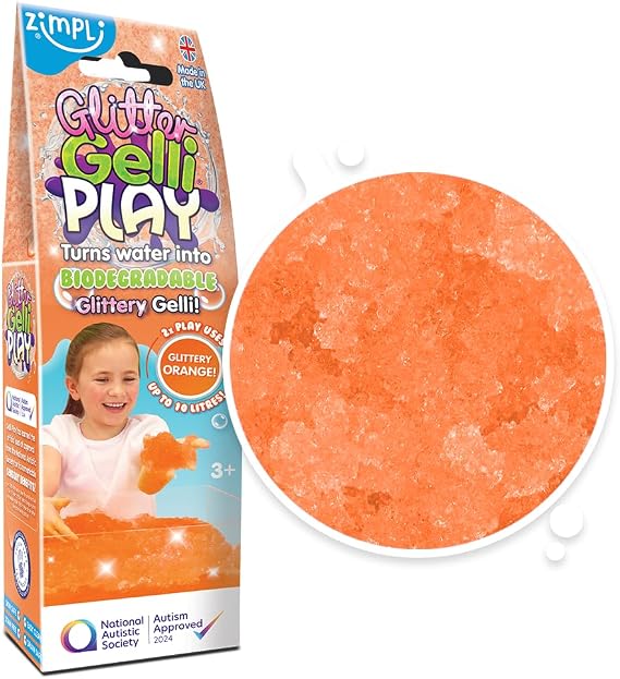 ZIMPLI - Glitter Gelli Play Orange, Magically turns water into thick, glittery goo, Play Tray Toys for Kids, Water Play, Certified Biodegradable