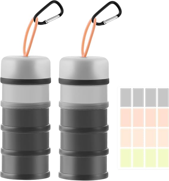 Bakpoco 2 Pack Protein Powder Storage Container, 4 Layer Stackable Leak-proof Formula Dispenser, Portable Travel Fitness Workout Protein Powder Container (Black & White)
