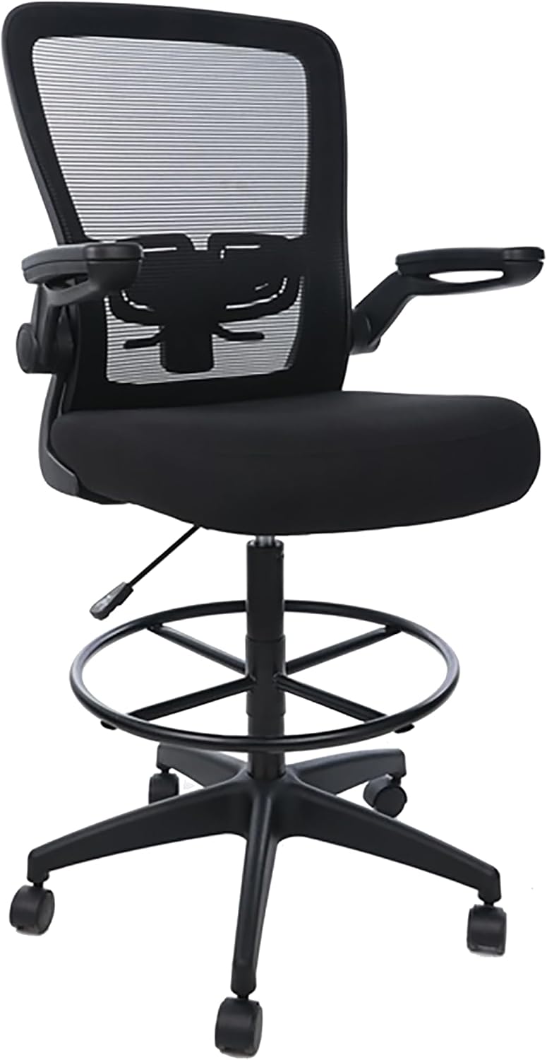 Boss Office Products Mesh Flip Arm Stool Drafting Chair, Black