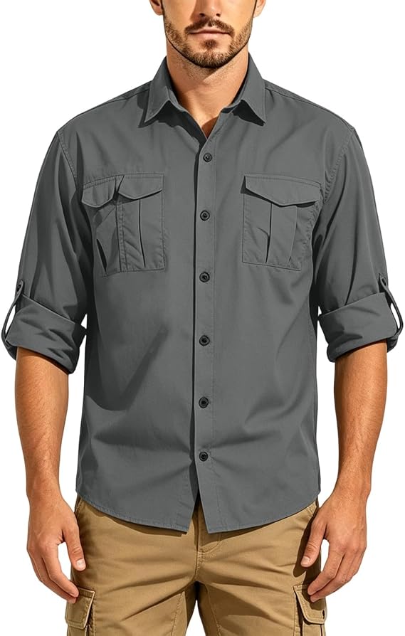 Mens Lightweight Utility Shirt Roll-Tab Sleeve Button Down Quick Dry Shirts Outdoor Hiking Workwear with Pockets