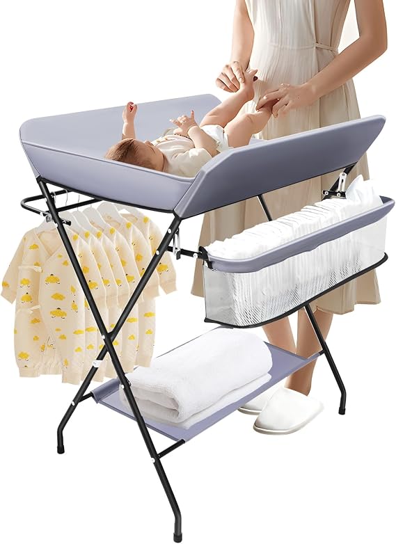 Baby Changing Table, Foldable Nappy Changing Unit with Storage Basket, Side Rail and Bottom Shelf, Free Standing Nursery Changing Station for Infants up to 12 Months, Dark Grey