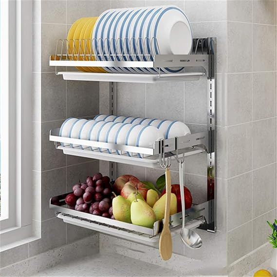 Stainless Steel Dish Rack Free Punch Wall Hanging Kitchen Dish Storage Rack Storage Box Rack Drain Rack(A40.2 * 28.5 * 55.5cm)