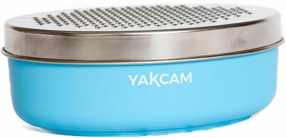 YAKCAM Cheese Grater with Container Bowl, 4-Pc Shredder and Zester | Fine and Course Stainless Steel Blades | Nonslip Base | Vegetable and Citrus Zester | 7x4.75x2.75 in