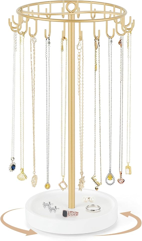 Mkono Rotating Necklace Holder, Gold Jewelry Display Rack Organizer Stand