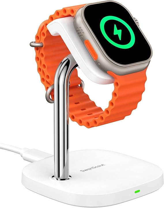 SwanScout Watch Charger Stand for Apple Watch, Fast Charging for Apple Watch 11/10/Ultra 2/Ultra/9/8/7/6/5/4/3/SE 2, Compatible with Airpods 4/Airpods Pro 2, SwanScout 505A (White)