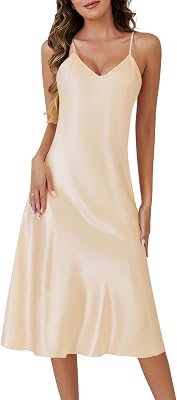 Silk Nightgown for Women Long Satin Sleep Slip Dress Silky Night Dress V Neck Chemise Nightie Soft Nightwear