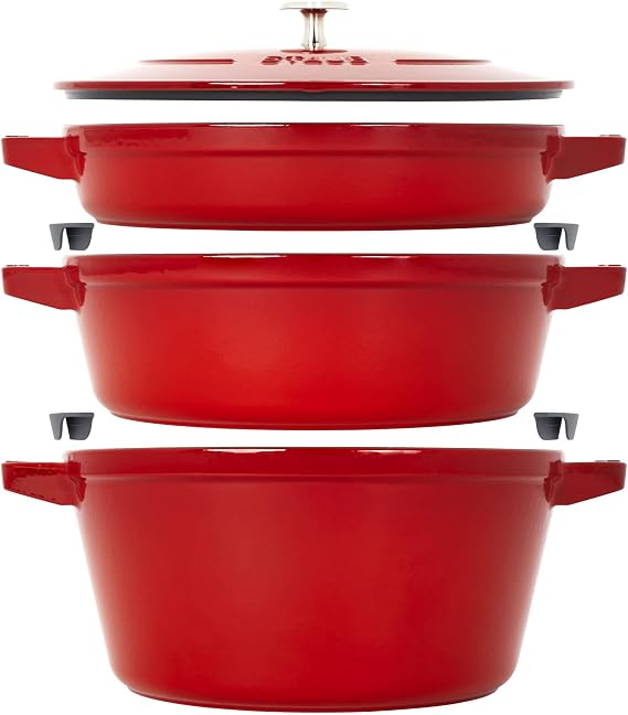 STAUB Cast Iron Set 4-pc, Stackable Space-Saving Cookware Set, Dutch Oven, Cast Iron Skillet, Cast Iron Grill Pan with Universal Lid, Made in France, Cherry