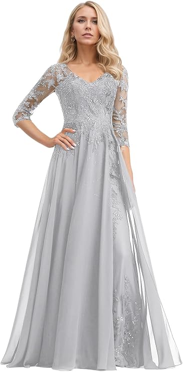 IIF Lace Applique Mother of Bride Dresses 3/4 Sleeve Chiffon Long Mother of The Groom Dresses for Wedding IIF174