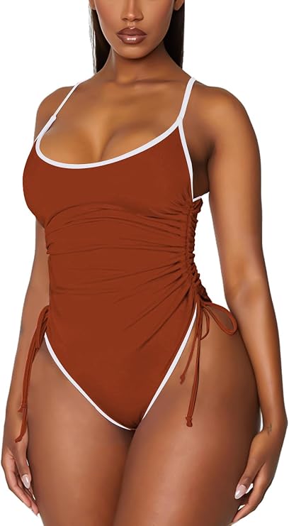 Viottiset Women's Ruched Drawstring One Piece Swimsuit Tummy Control High Cut Bathing Suit