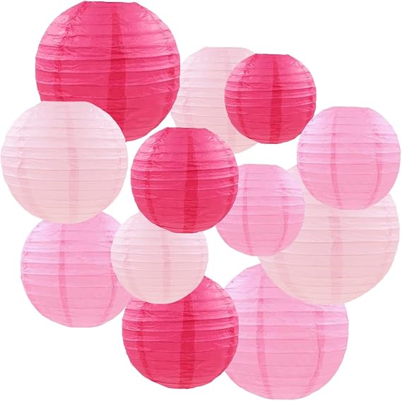 CC wonderland zone 12pcs Pink Hanging Paper Lanterns,Round Paper Lanterns for Baby Shower Wedding Valentine's Day Engagement Birthday Party Decorations