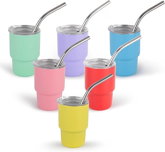 LEIMO KPARTS 3 Oz Mini Tumbler Shot Glass With Straw And Lid,6 Pcs Colored Stainless Steel Sublimation Tumblers Cute Double Wall Vacuum Insulated Cups,mini Shot Glass Tumbler With Lid And Straw