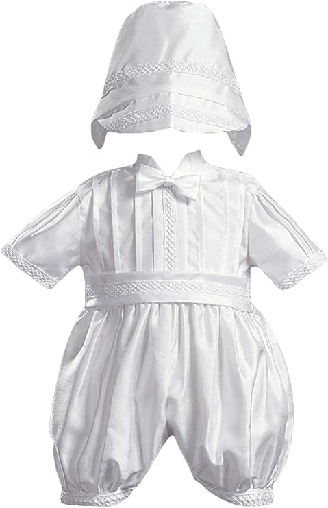 White Shantung Christening Baptism Romper with Hat