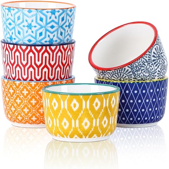 Selamica Ceramic Mini Ramekins, 2 OZ Creme Brulee Ramekins Oven Safe, Dipping Sauce Cups for Condiments Side Dish, Set of 6, Assorted Colors