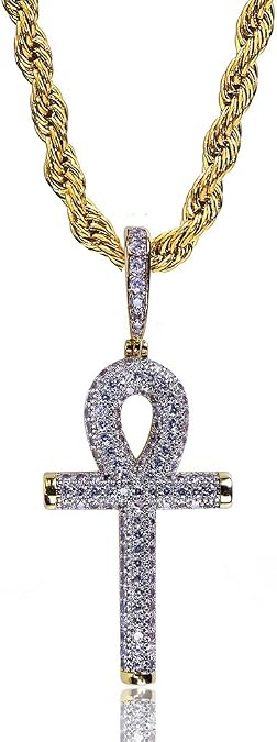 TOPGRILLZ Cross Necklace for Women Ankh Gold Cross Necklace for Men Rope Cuban Link Chain Pendant Necklace Iced out 14K Gold Plated Diamond Ankh Pendant 24 Stainless Steel Chain