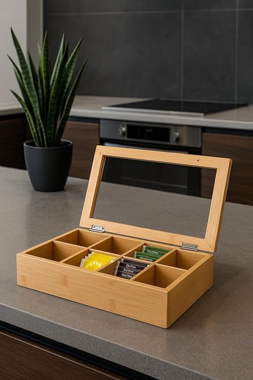 8 Bölmeli Bambu Poşet Çay Kutusu Bambu Organizer Kutu Takı Aksesuar Kutusu 30X20X7CM.